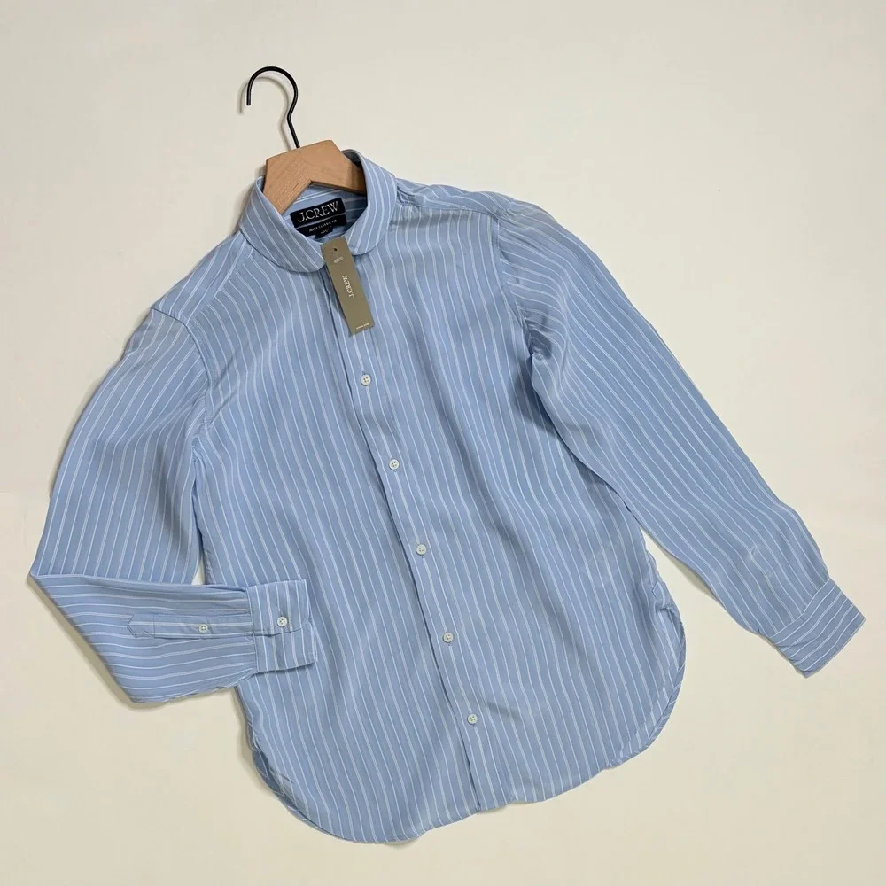 NWT!! J. CREW Jules Club Collar Shirt Striped Crepe De Chine Blue Stripe Size 00